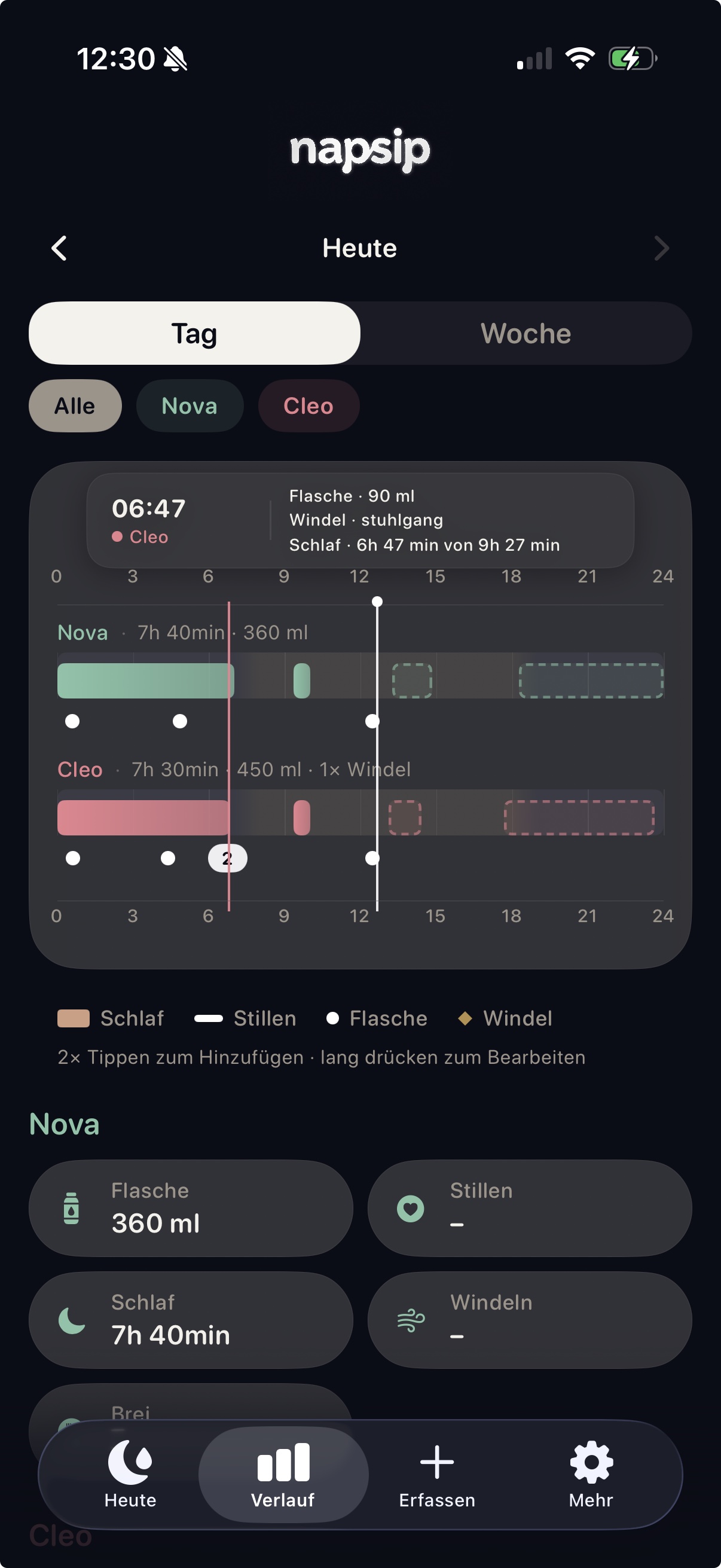 NapSip Tagesverlauf mit Time Scrubbing bei 06:47 Uhr für Cleo