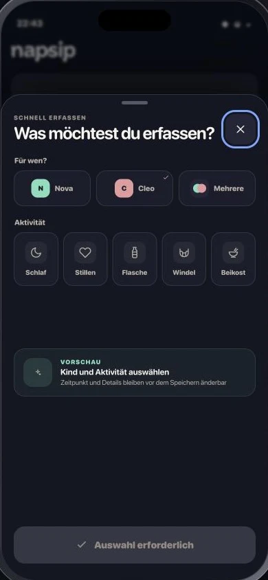 NapSip 2.0 Erfassungsansicht im realistischen iPhone-Rahmen