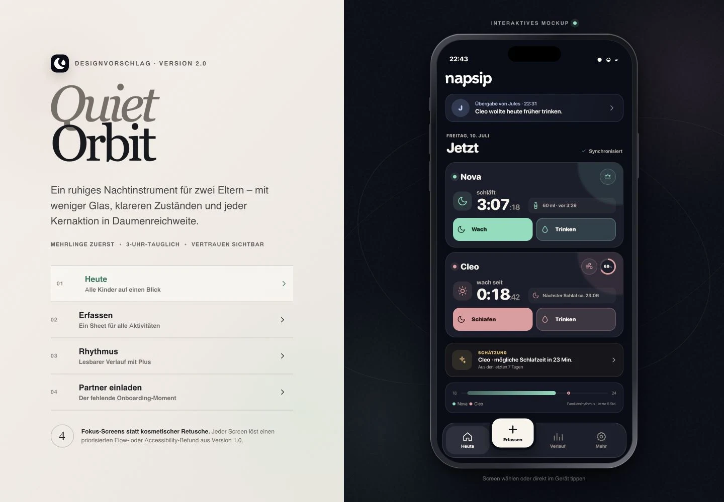 Quiet-Orbit-Designvorschau mit NapSip 2.0, klaren Schlafen- und Trinken-Aktionen, Gemütszustand und Schlafdruck